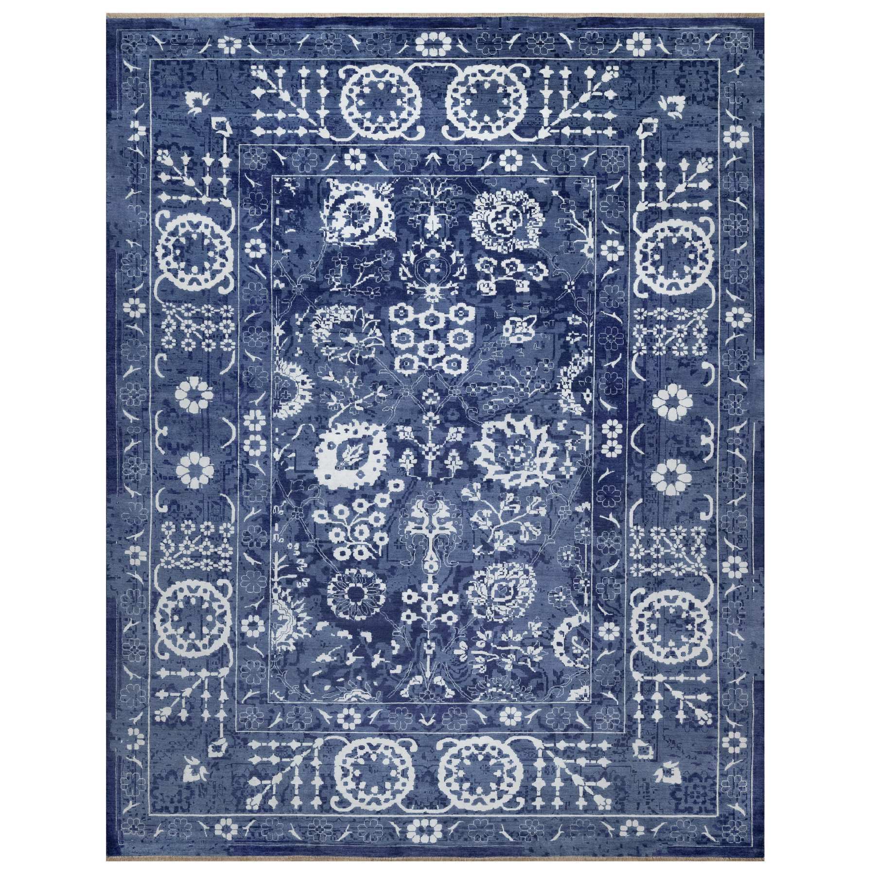 11'9"x15' Yale Blue with Ivory, Hand Knotted, Tone on Tone, Tabriz with All Over Leaf Motif, Wool and Silk, Oversized, Oriental Rug 